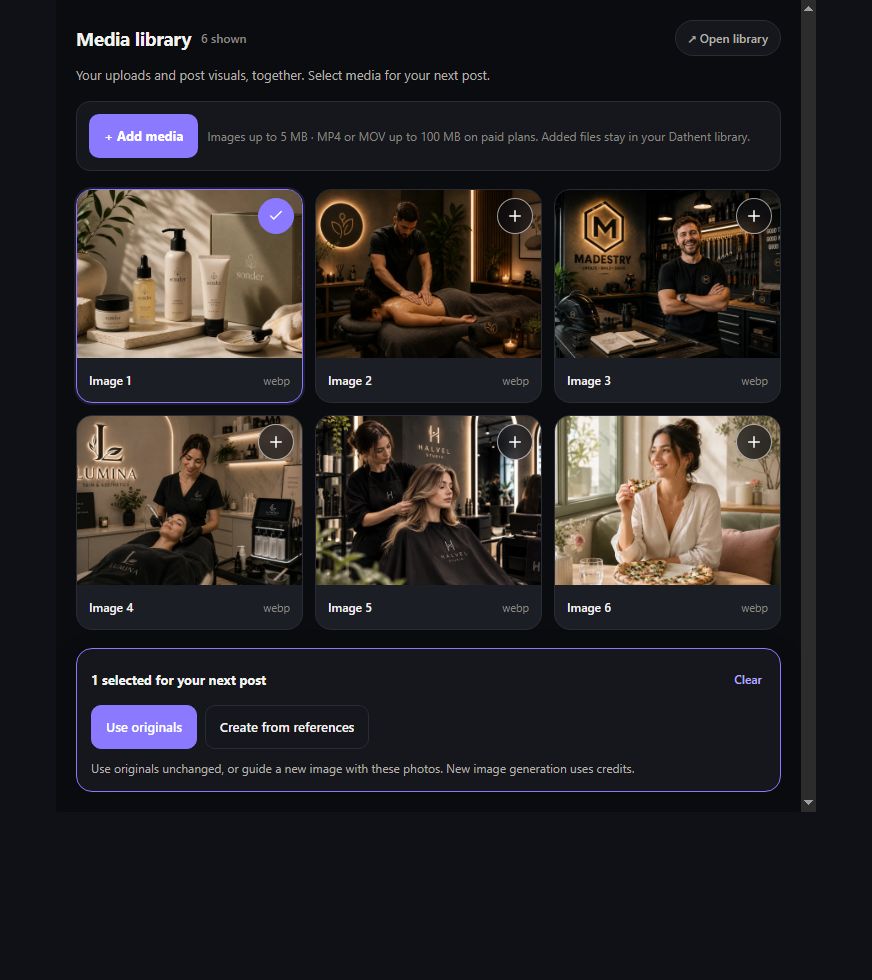 Dathent media library with fullscreen previews and options to use selected originals or create a new image from references.